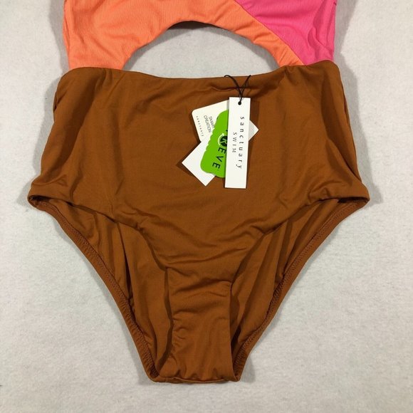 NEW Sanctuary Women Medium Color Block One Piece Swimsuit Pink Brown Orange $119 - Picture 3 of 11